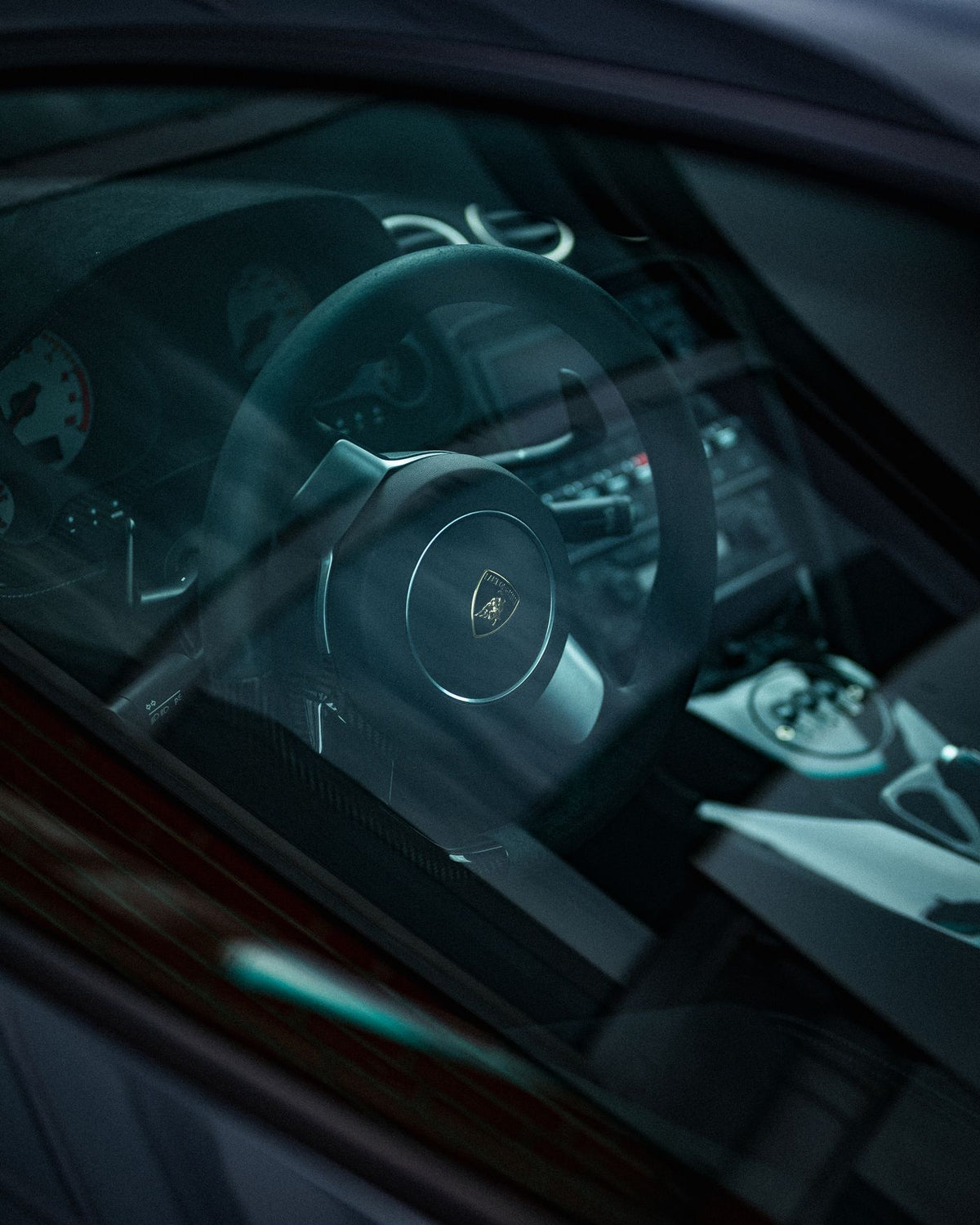 Car dashboard view with digital display showing driving data